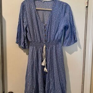 Blue Floral Boho Summer Peasant Women's Dress